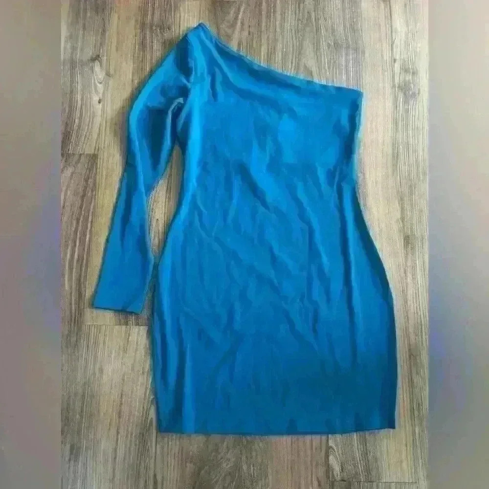 Susana Monaco Teal One Arm Long Sleeve Mini Jersey Dress Bodycon Asymmetric Luxe